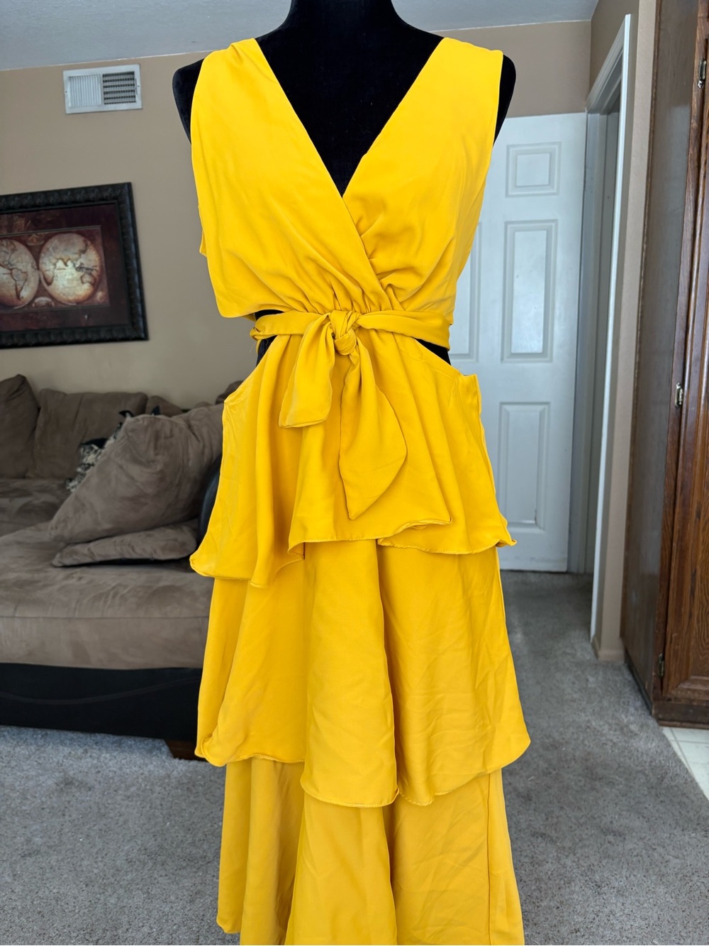 Modern Muse Yellow Tiered V-Neck Wrap Dress with Tie Waist